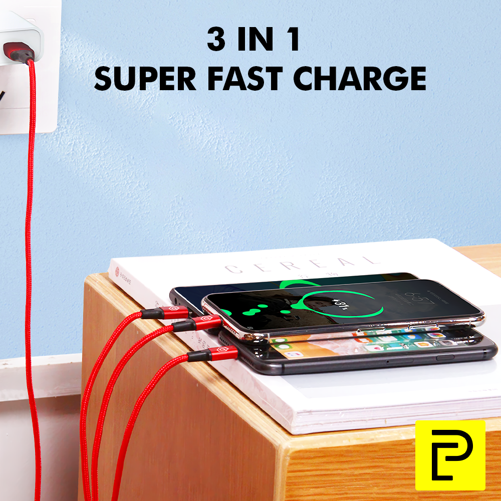 Popcorn 3 in 1 Durable Cable 3.1A Multiple Fast Charging USB to Micro ...