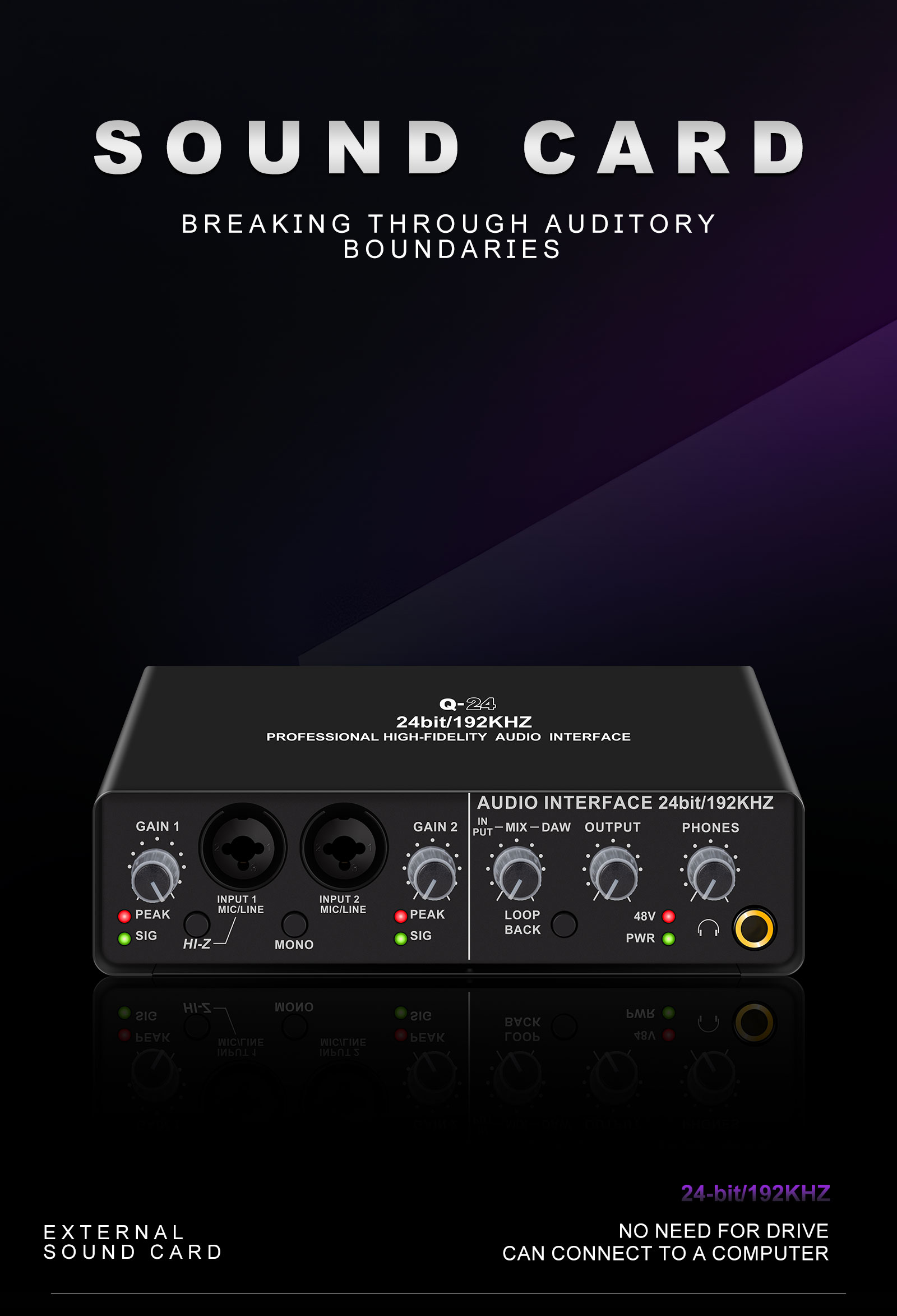 Q24 Audio Interface Professional Sound Card with Monitoring Electric ...