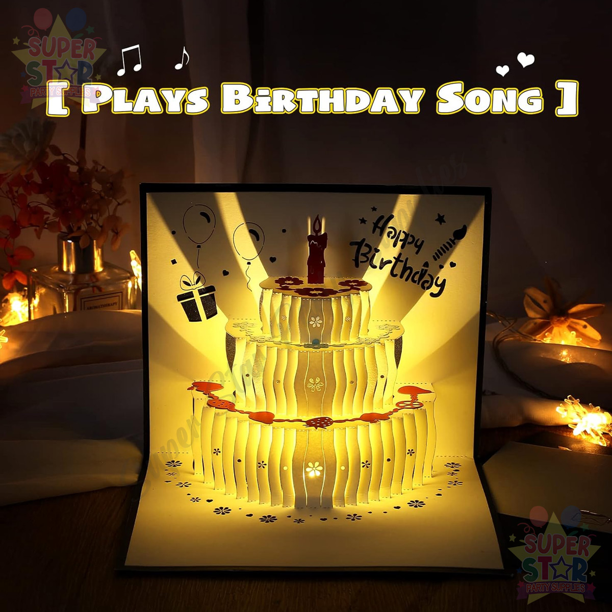 3D Happy Birthday Card with Music and Lights Pop Up Cake Greetings Card ...