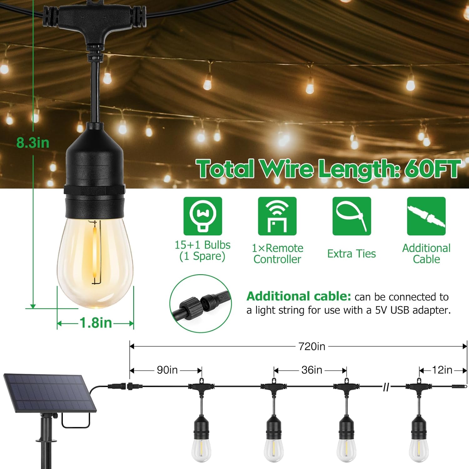 20M/15M Solar Waterproof String Light LED Edison Bulb For Backyard ...
