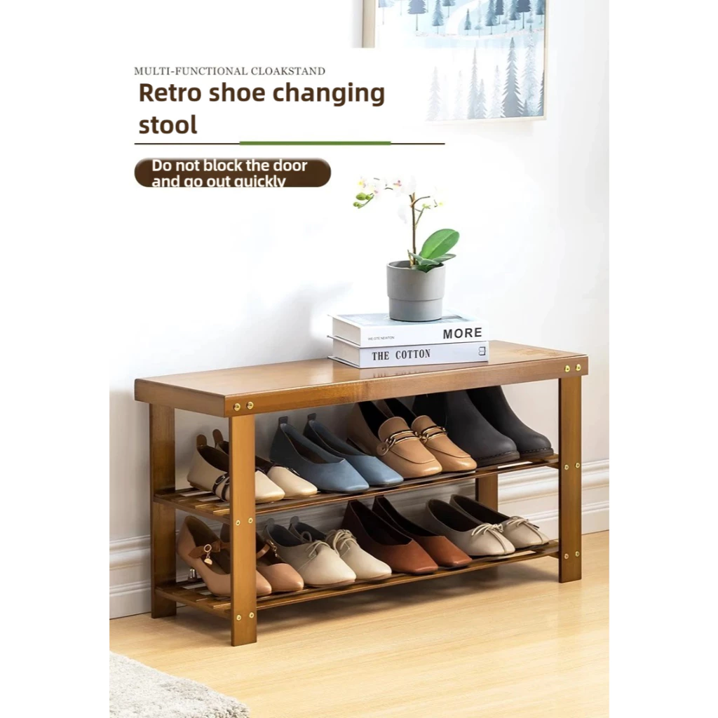 70/100CM 2 Layer Bamboo Shoe Stool Cabinet Shoe Rack Stool Storage ...