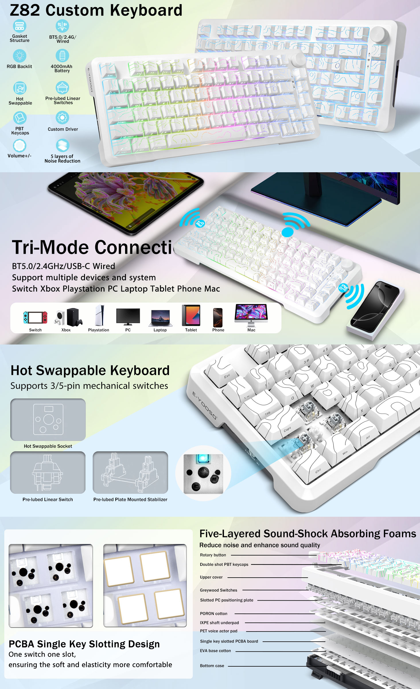 E-Yooso Z-82 RGB 81-Keys Tri-Mode Mechanical Keyboard White (Silverwood ...