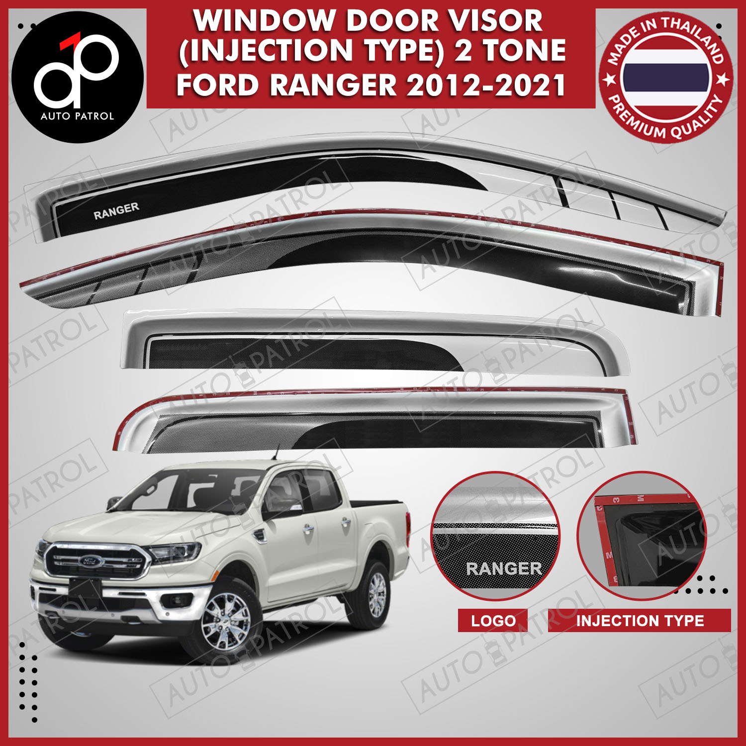 FORD RANGER 2012-2021 Black Type Rain Guard Visor (RAIN VISOR)(2 TONE ...