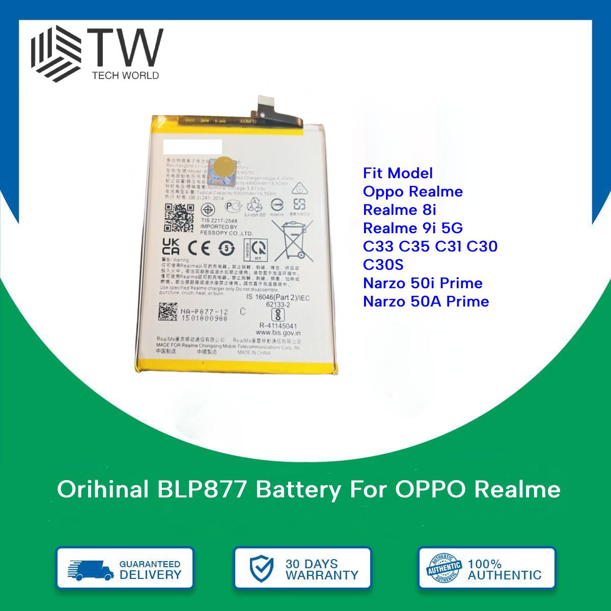Batterie Neuve Pour Realme 8i / Narzo 50i Prime / Modèles BLP877, C30, C31, C35, RMX3511 - OEM