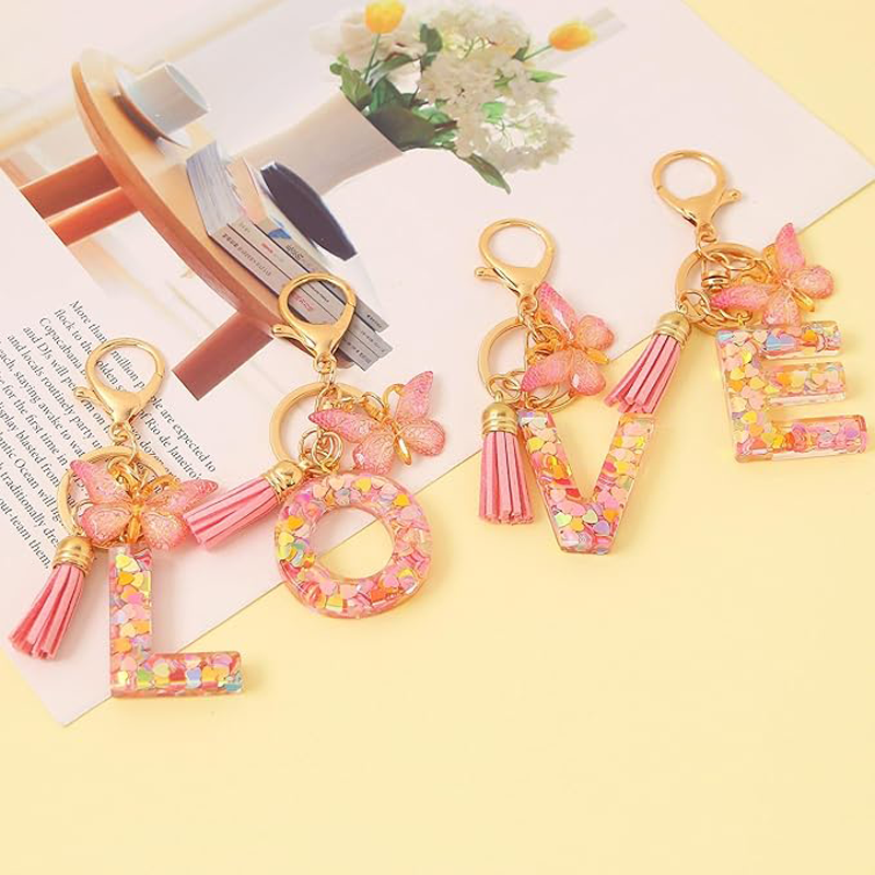 Pink Letter Keychain Love Sequins Butterfly Tassel Alphabet Pendant ...