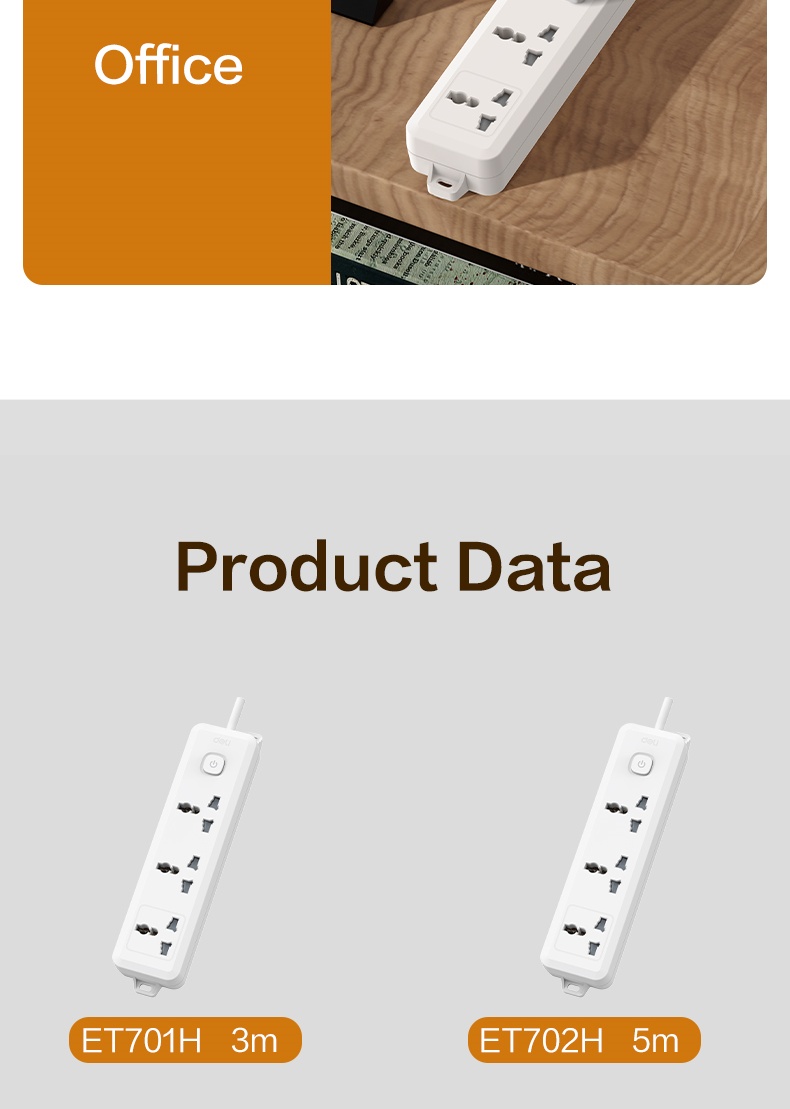 Deli 3/5M Universal Extension Socket Outlets Charger Electric Power ...