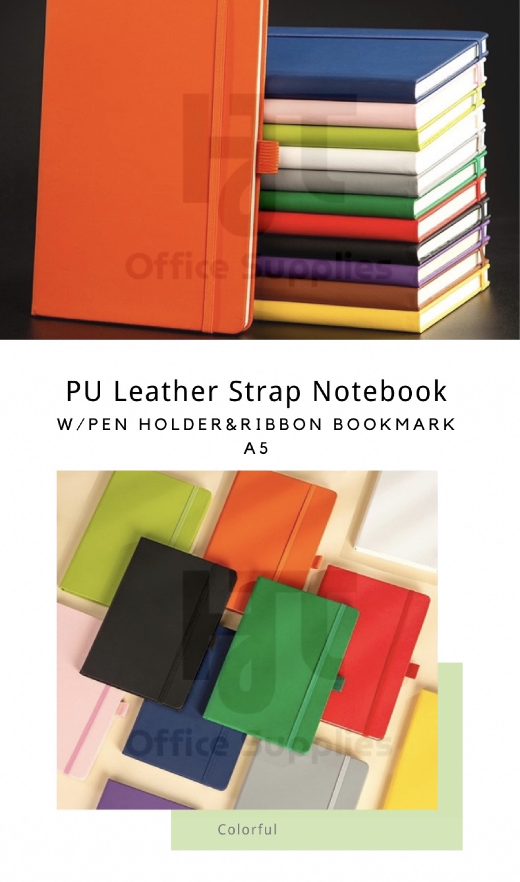 PU Leather Strap Notebook A5 w/ Pen Holder & Ribbon Bookmark Lined ...