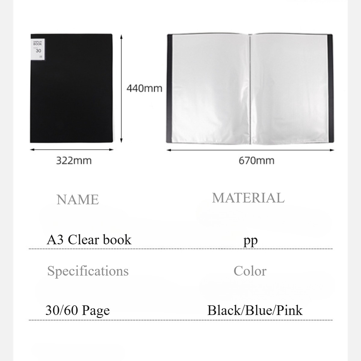 8K/A3 Clear Book Transparent Folder 30/60 Pages Paper Storage File ...