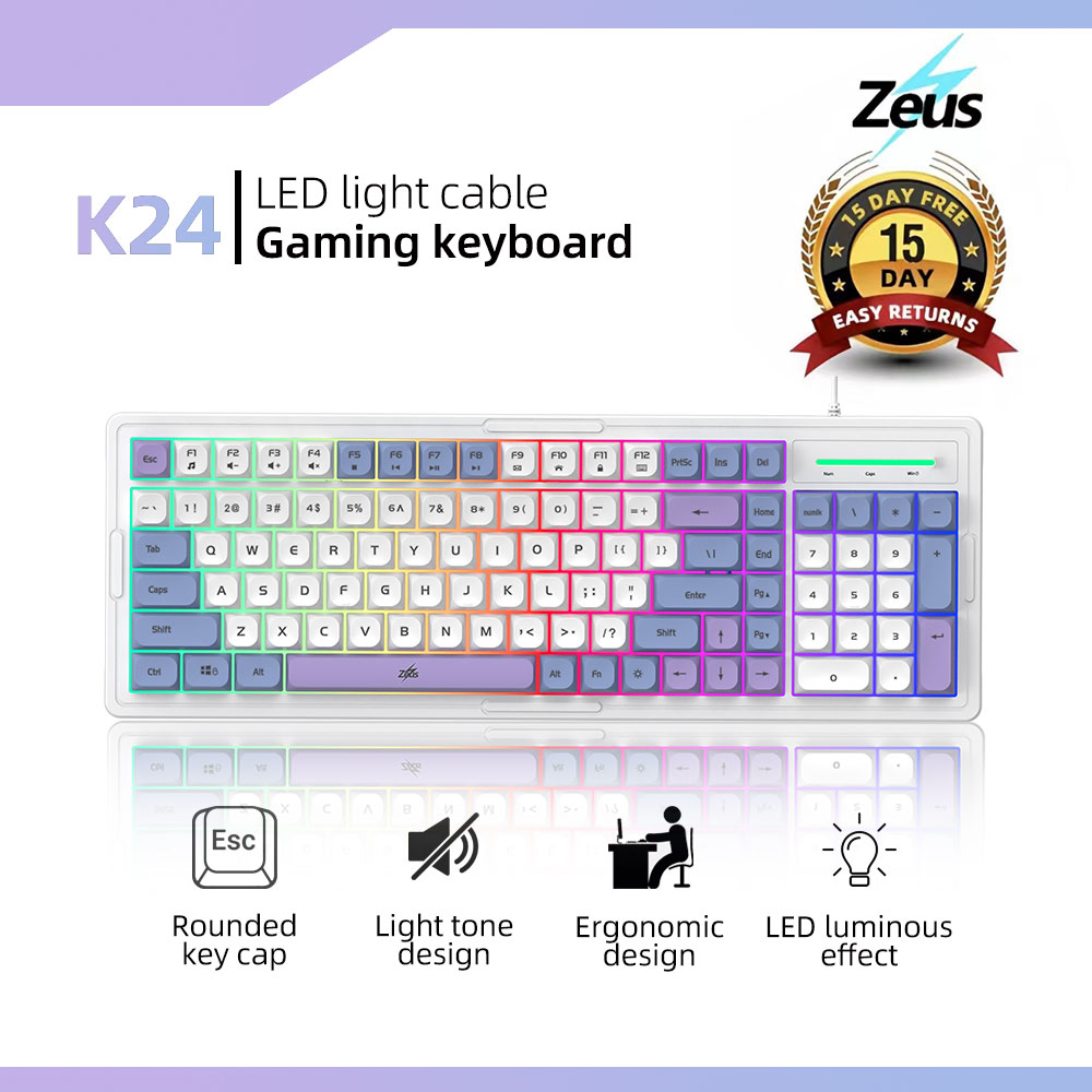 Zeus 96% K-24 Gaming Keyboard Rainbow Backlit 98 Keys Compact USB Wired ...