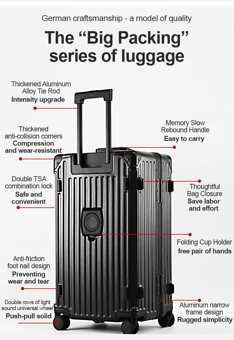 CHARLES X Large capacity aluminum frame suitcase with sturdy swivel ...