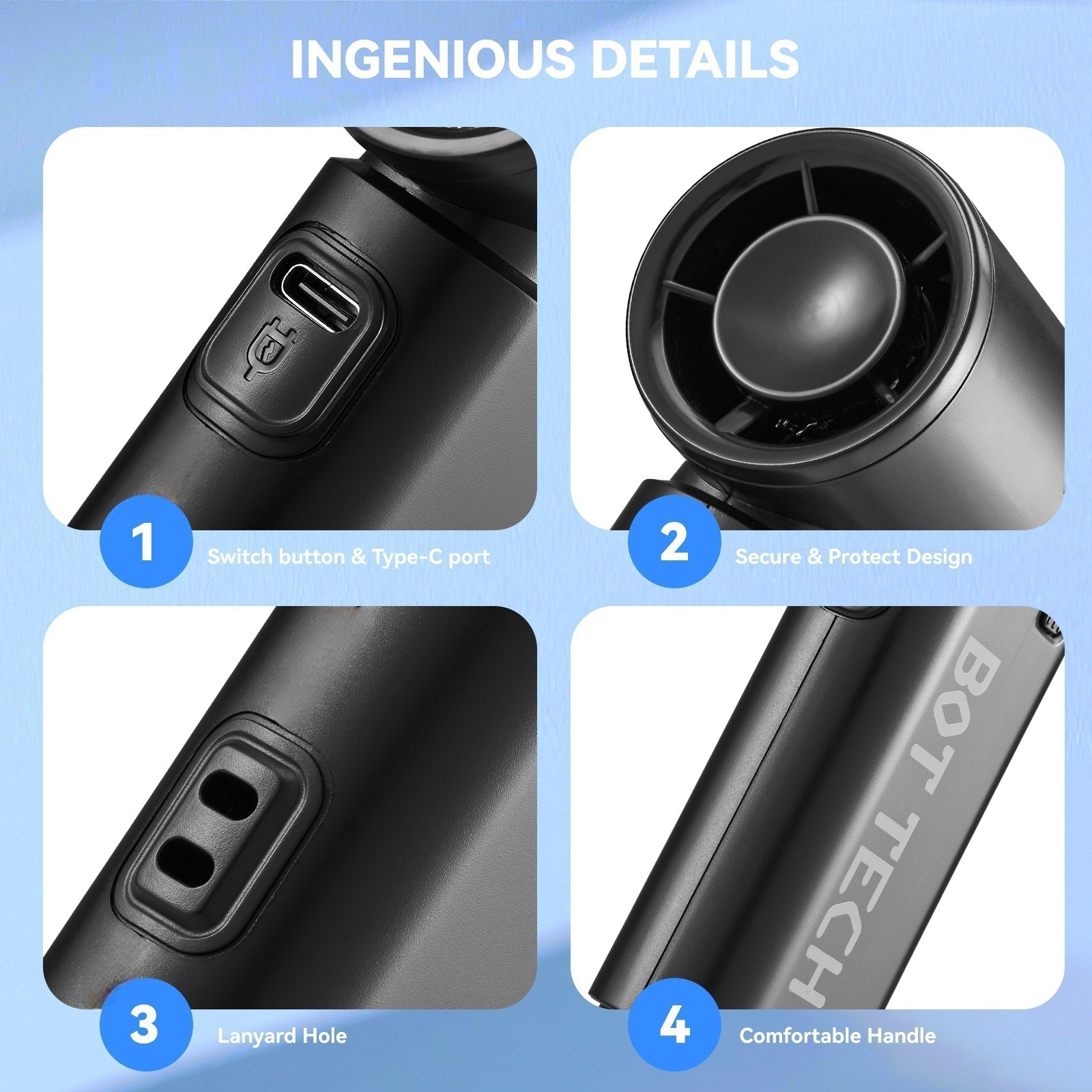 BOT TECH Handheld Fan 5000mAh BT-T700 Portable Mini Fan Rechargeable ...