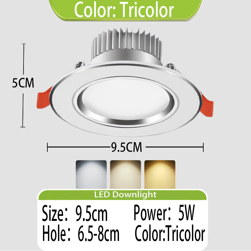 （COD）5W Tricolor LED Downlight Ceiling Light Recessed LED Round ...