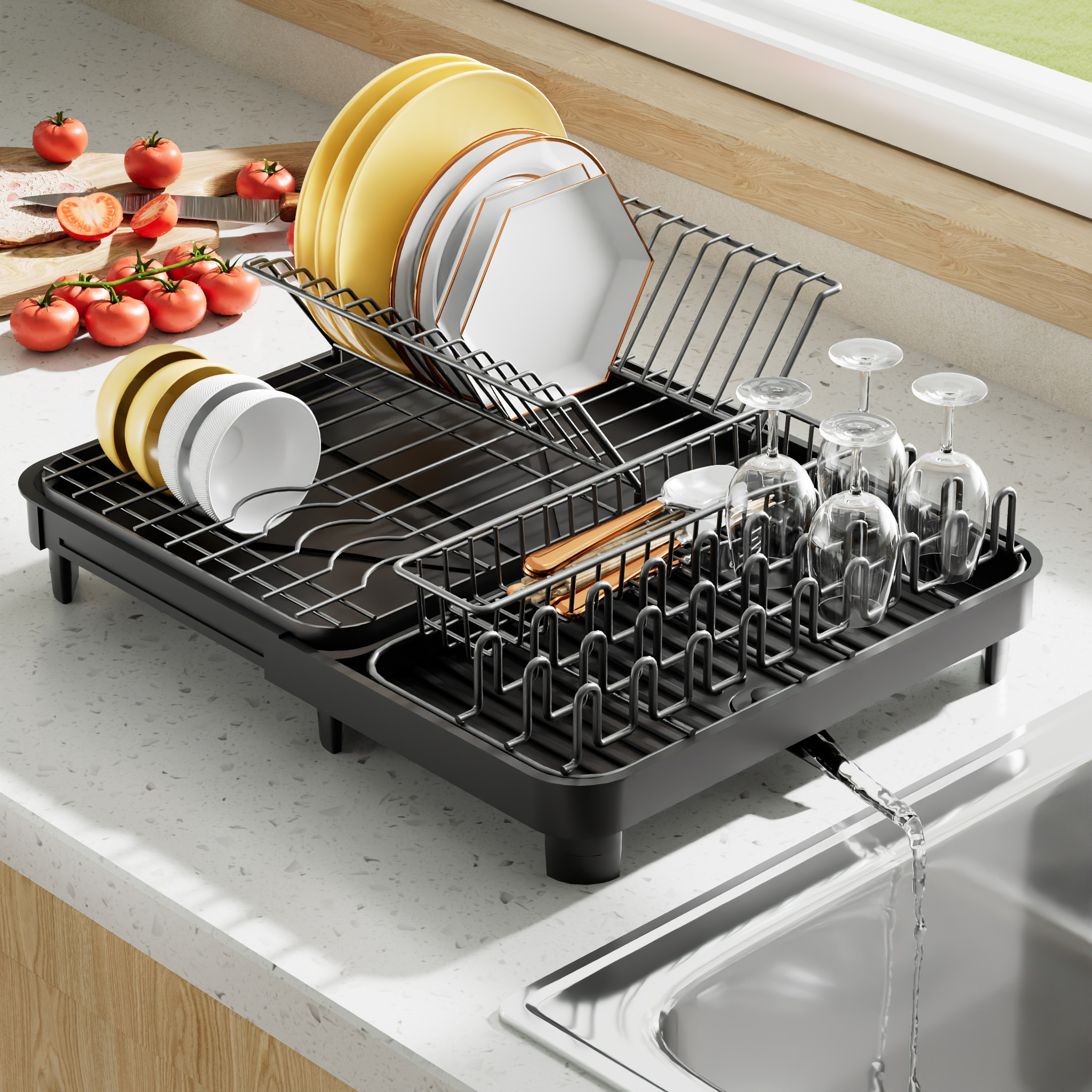 Kitchen Dish Rack Black Dish Drainer Rack Retractable Dish Drying ...