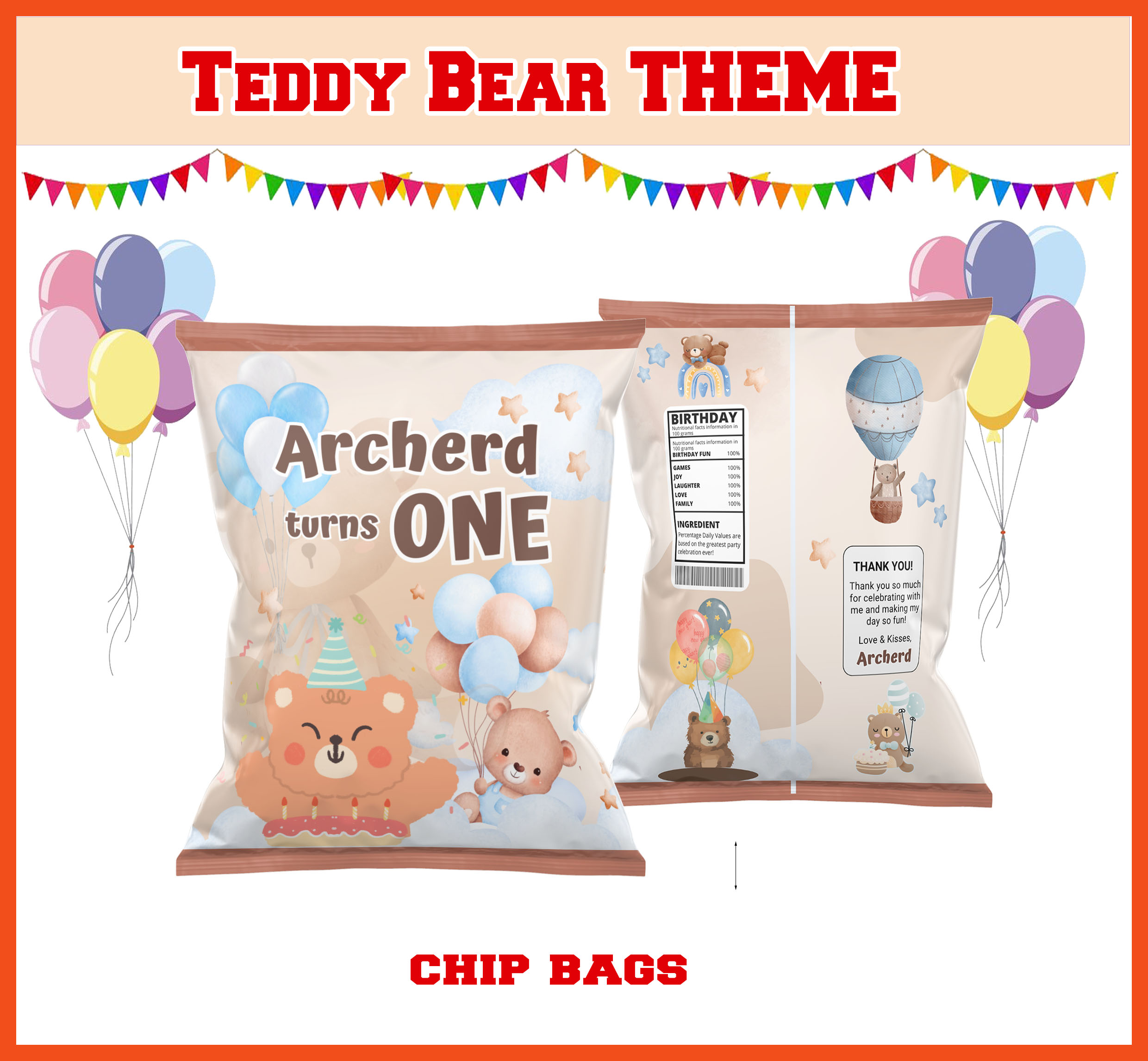 Customized Chip Bag TEDDY BEAR/BEAR Theme Chip bags | Loot bags l Candy ...