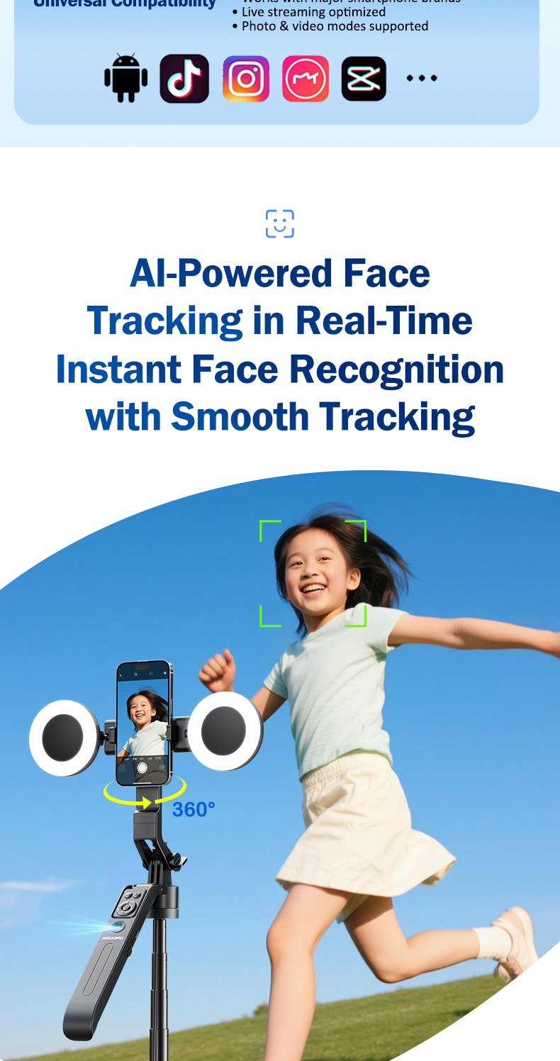 MODOFO AI Face Tracking Selfie Stick Bluetooth 360° Track Remote ...