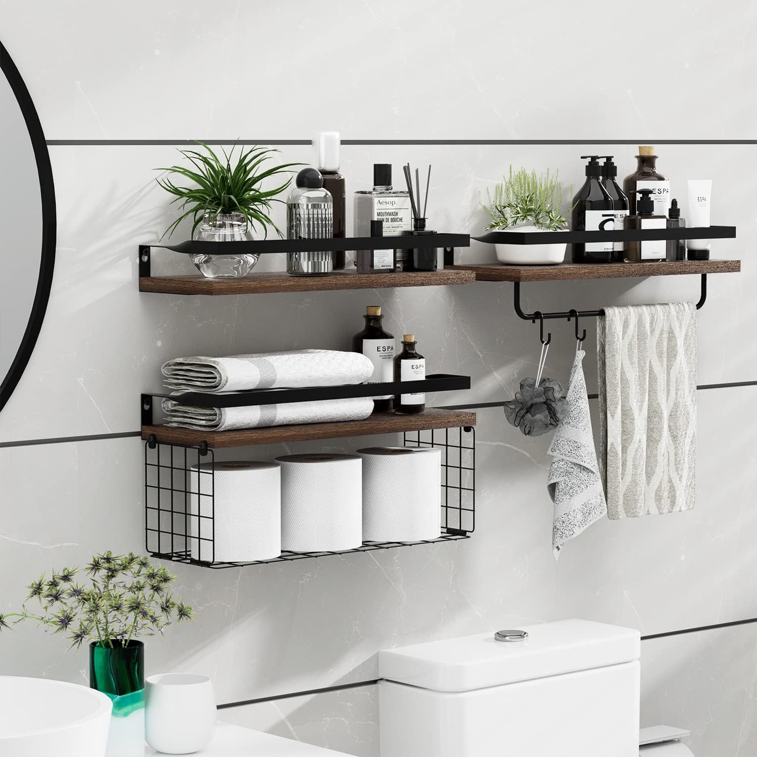 Wall Mounted Floating Shelf Organizer with Storage Basket Wooden ...