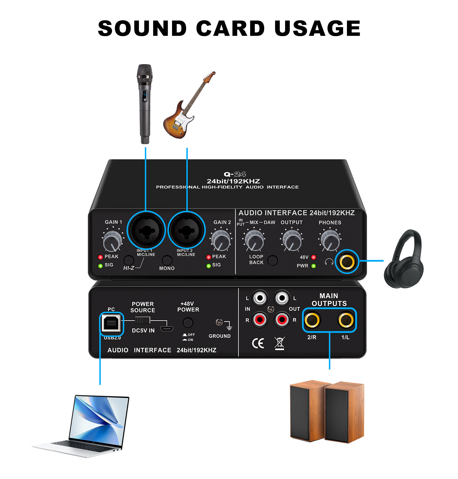 Q24 Audio Interface Professional Sound Card with Monitoring Electric ...