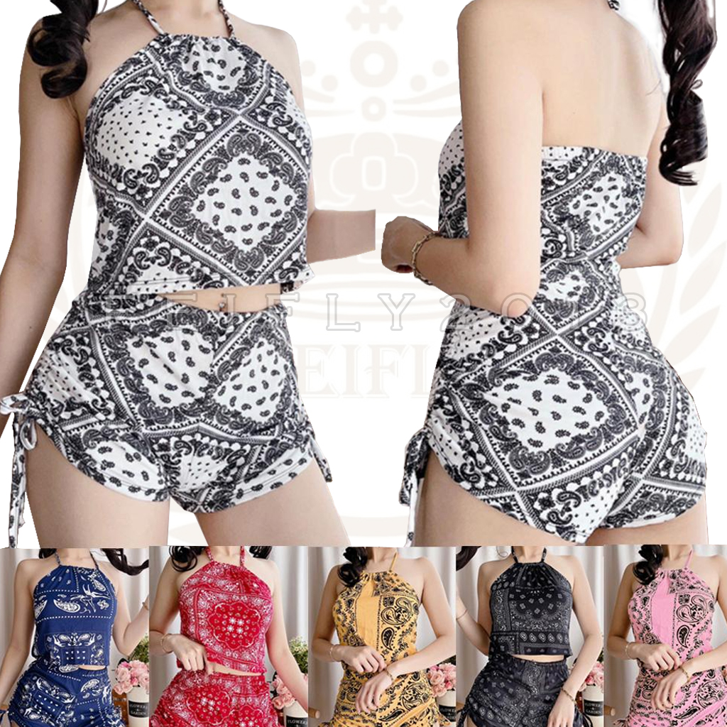 FEIFLY Bandana Print Halter Terno Pull String Shorts Summer Outfit One ...