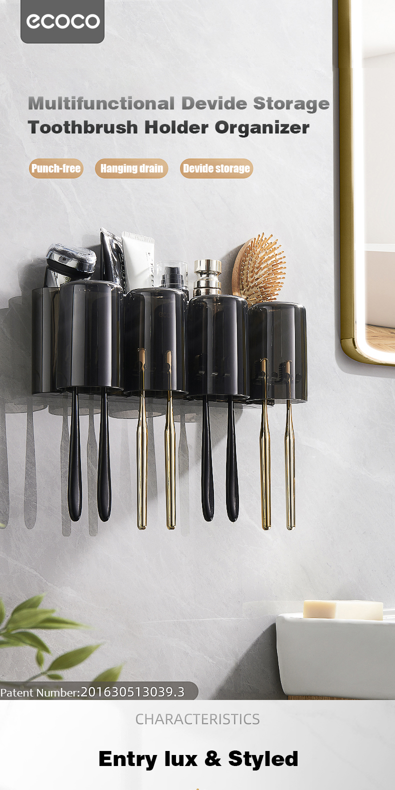 Ecoco Toothbrush Holder Organizer Set Wall-mounted Squeeze Toothpaste ...