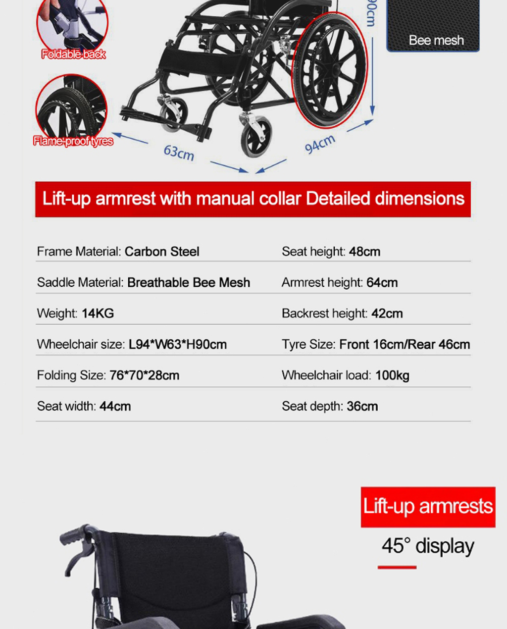 Lightweight foldable wheelchair for the elderly disabled easy transport
