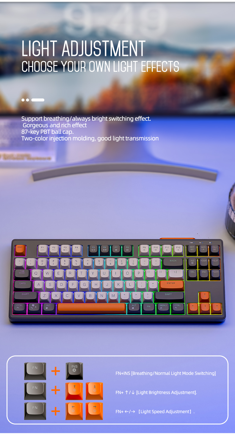 FREE WOLF M87 Gaming Wireless Keyboard PBT Keycap Color Backlit ...