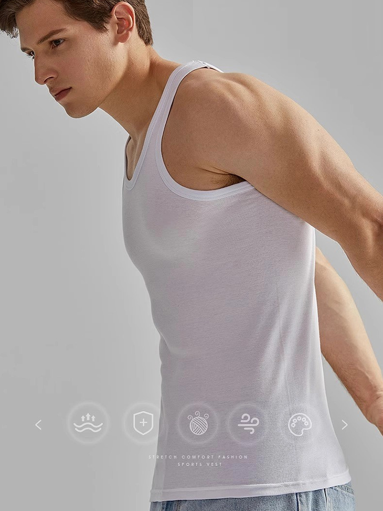 Men's Cotton Stretch Tank Top Wide Shoulder Tank Top Gym Muscle T Shirt ...