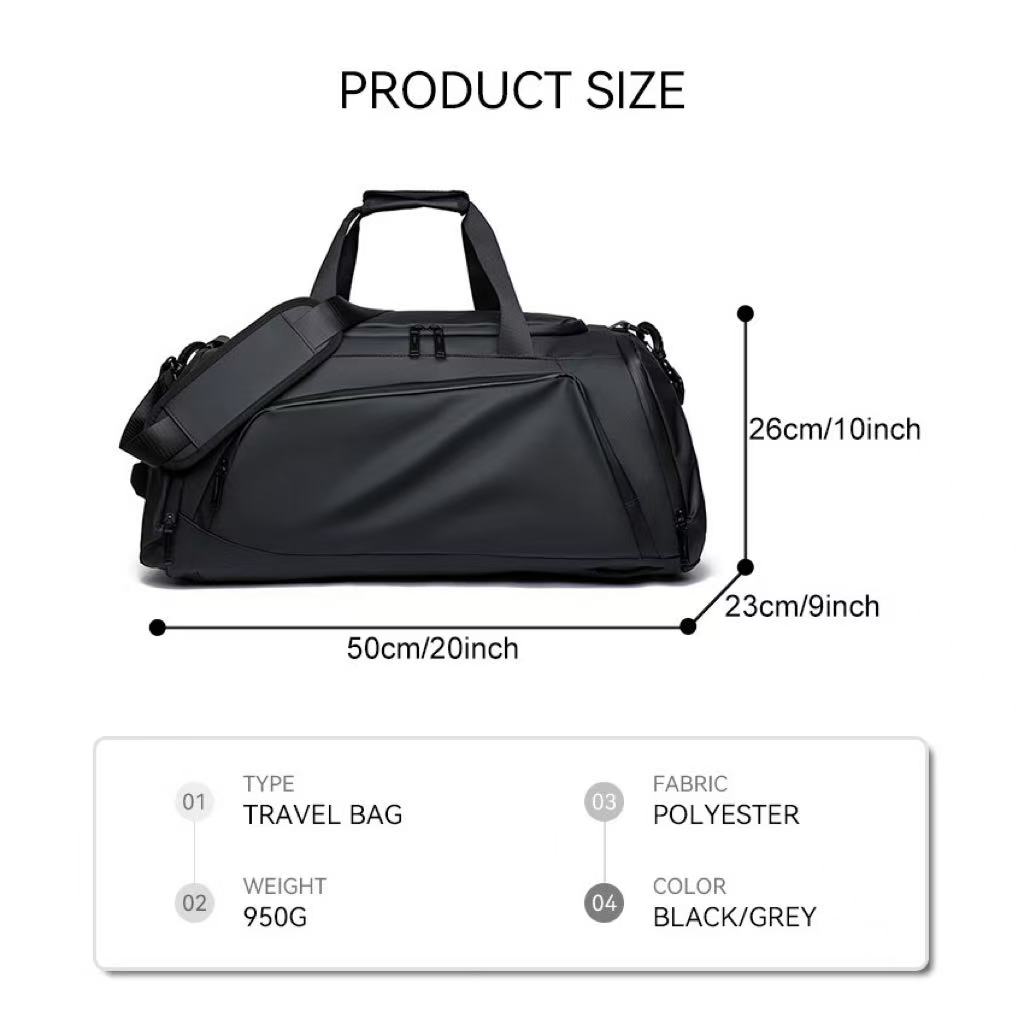 Travel Duffel Bag in Black or Gray with Dry Wet Separation and ...