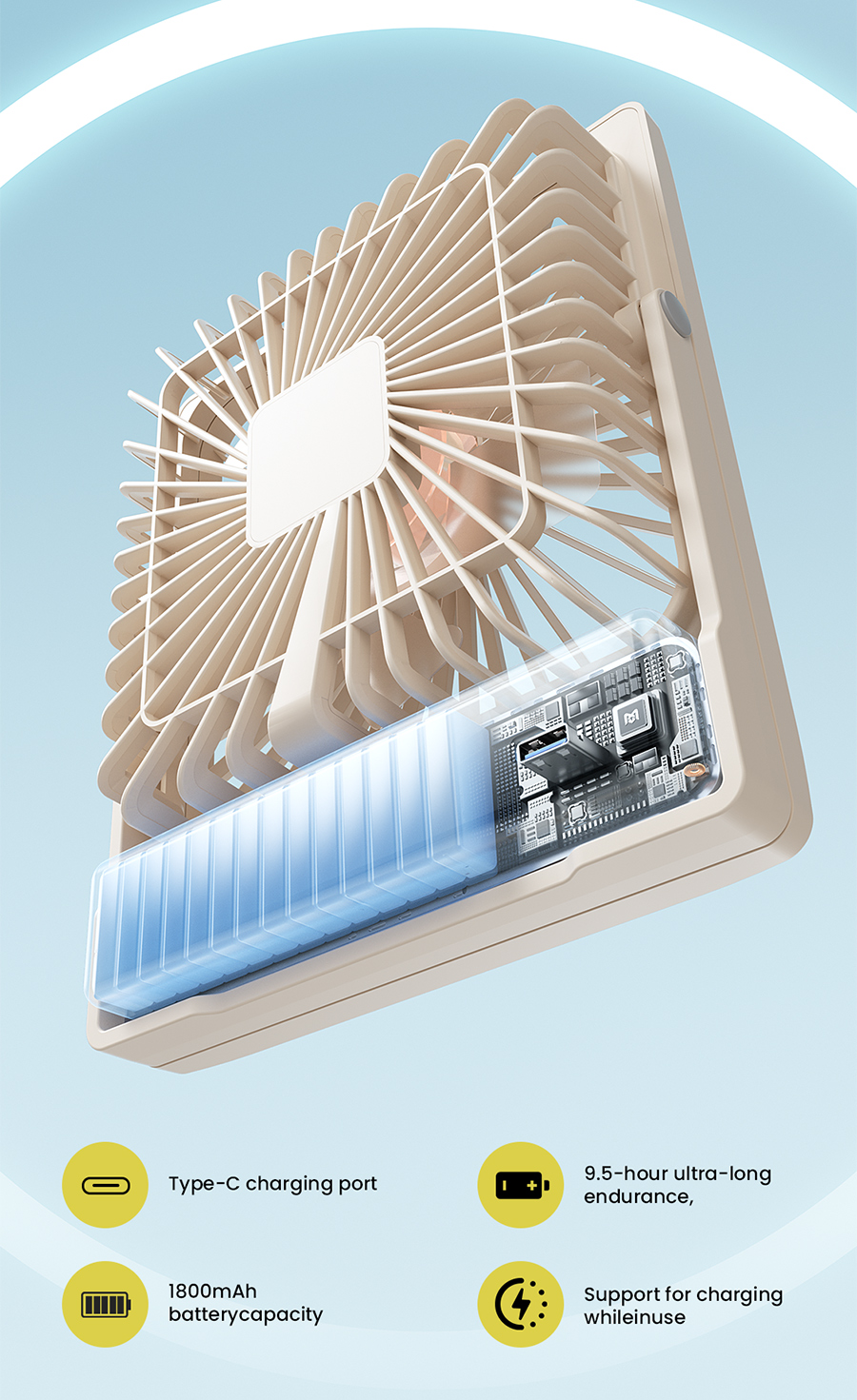 MAXAWEI Q3-C Desk Fan 4 Speeds Strong Wind Rechargeable Table Electric ...