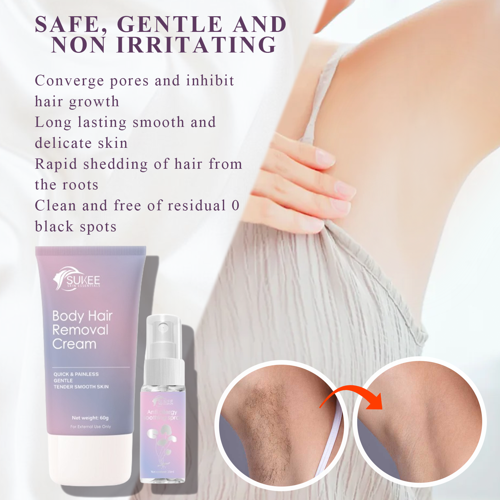 SUKEE Hair Removal Cream Painless Set With Soothing Spray Safe Gentle ...