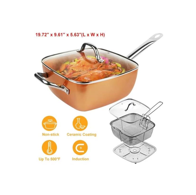 CQW Copper Square Pan Nonstick Migas Induction with Glass Lid Fry ...