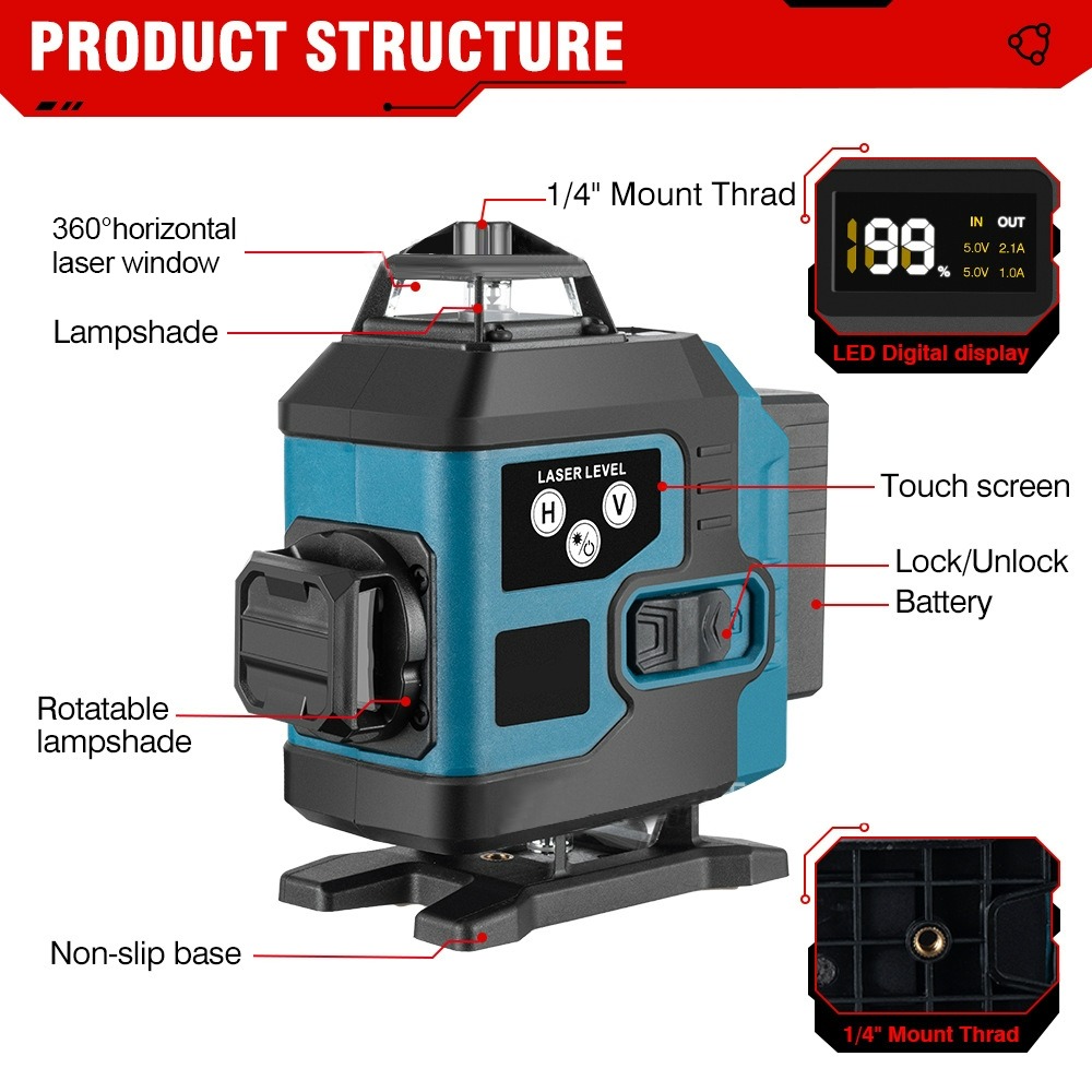 16 Lines Laser Level Green Line 4D SelfLeveling 360 Horizontal Vertical ...