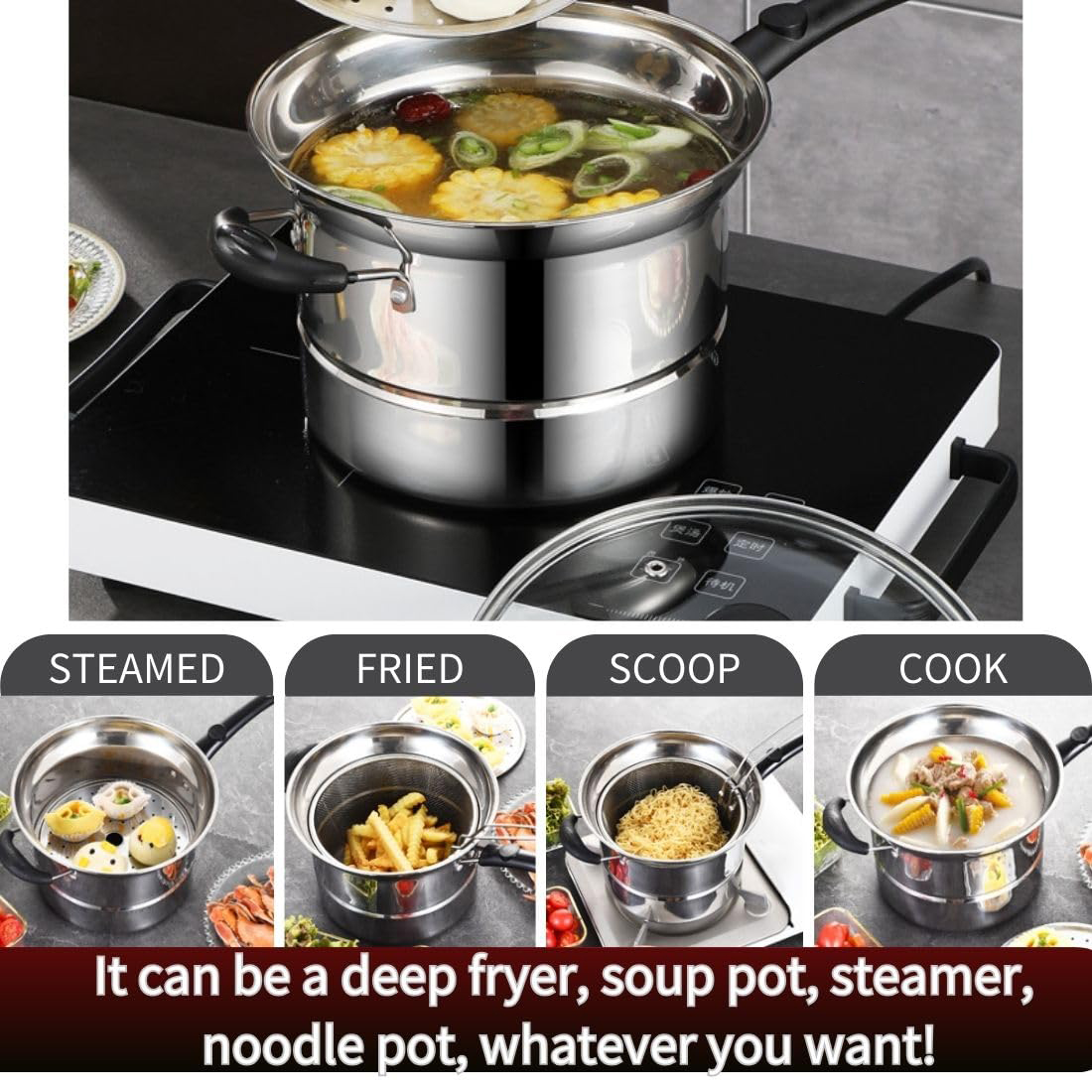 Multifunction Pot 3 in 1 Stainless Steel Steam and Deep Frying Pan ...