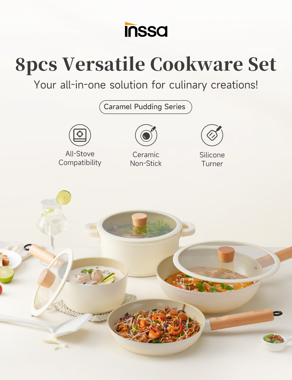 INSSA Non-Stick Pan Set 8Pcs Upgrade Ceramic Coated Cookware Suitable ...