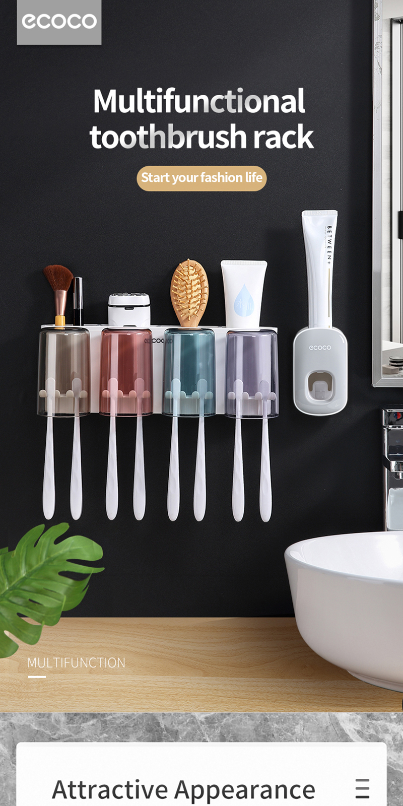 Ecoco Toothbrush Holder Wall Mounted Toothpaste Dispenser Squeezer ...
