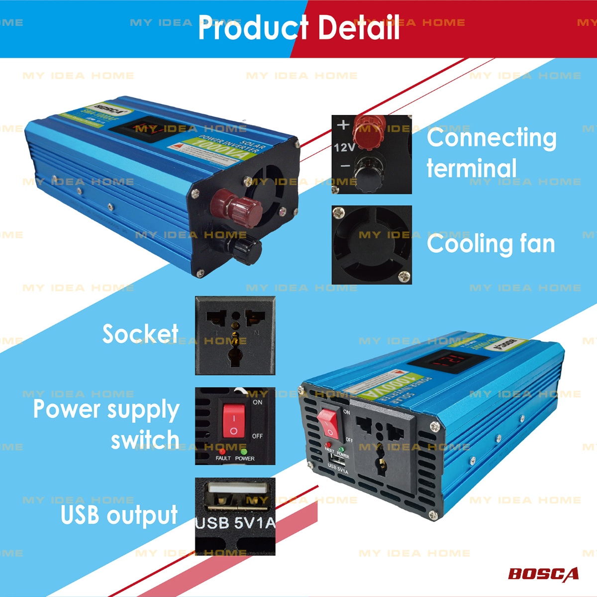 BOSCA Solar Power Inverter 500W & 1000W DC12V To AC 220-230V W/LED ...