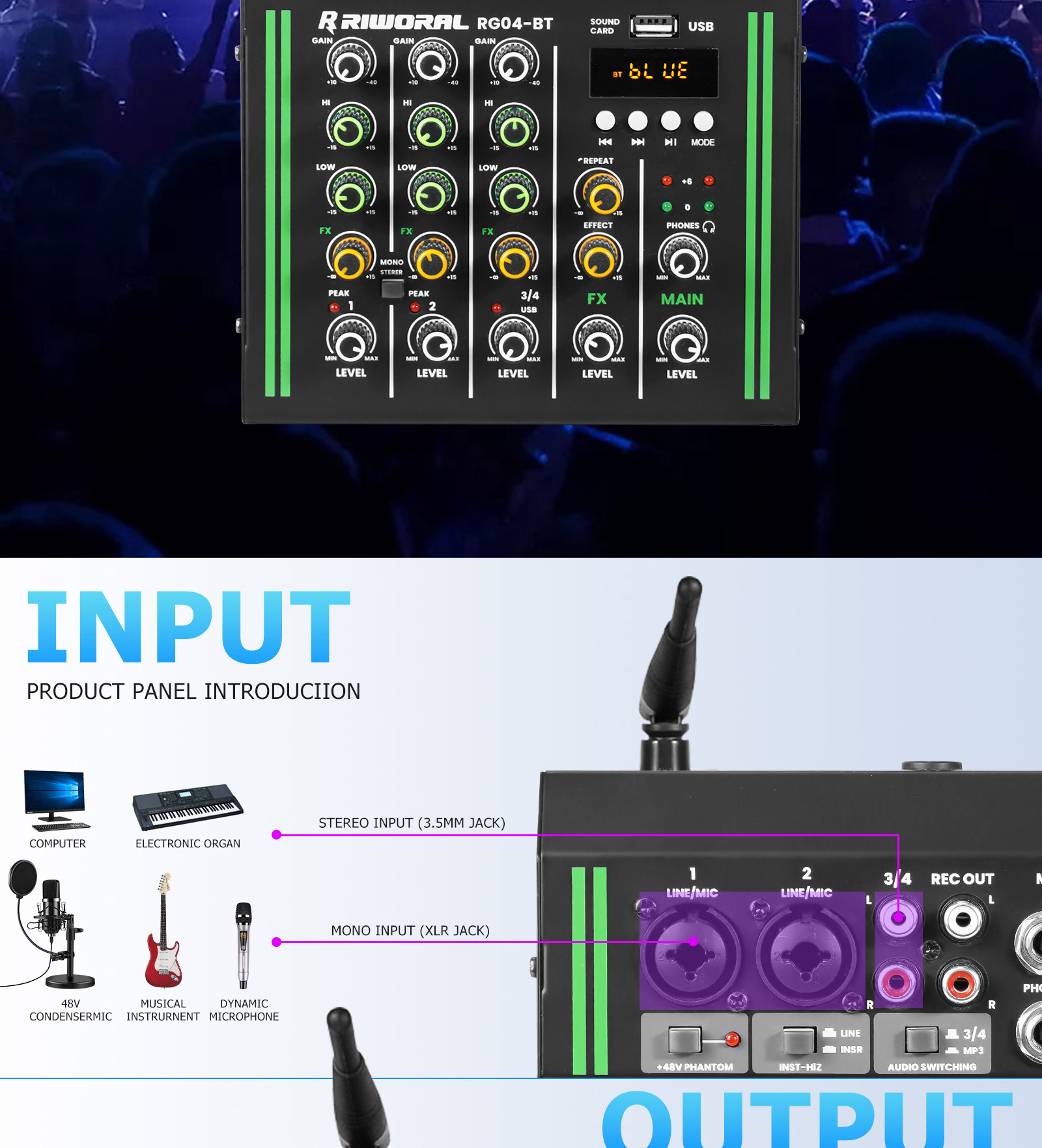 Audio Mixer 4 Channel Audio Interface Xlr & 1/4 Inch Jack Usb Player ...