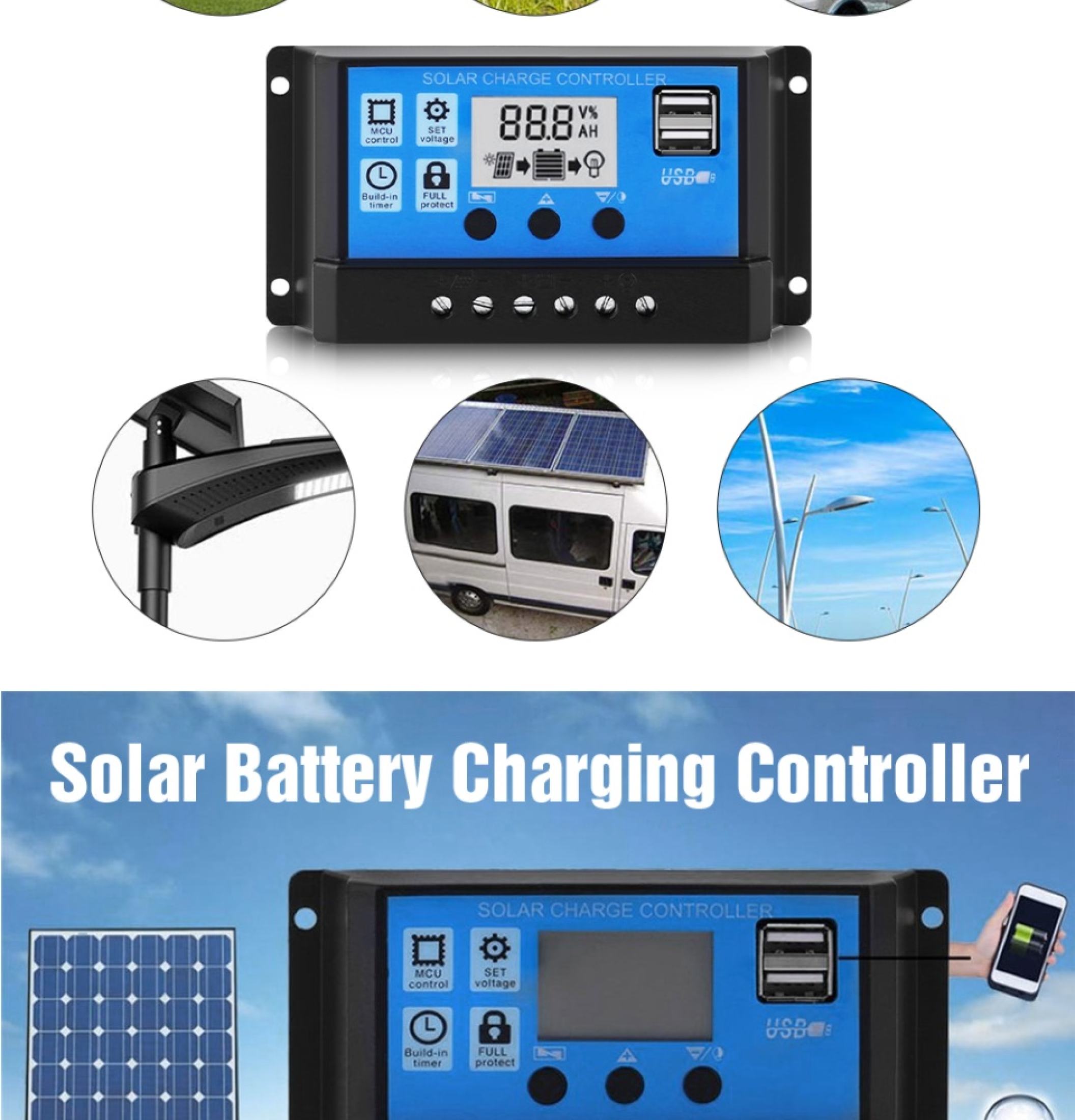 30A PWM 12/24V Solar Panel Regulator Charge Controller LCD Display ...