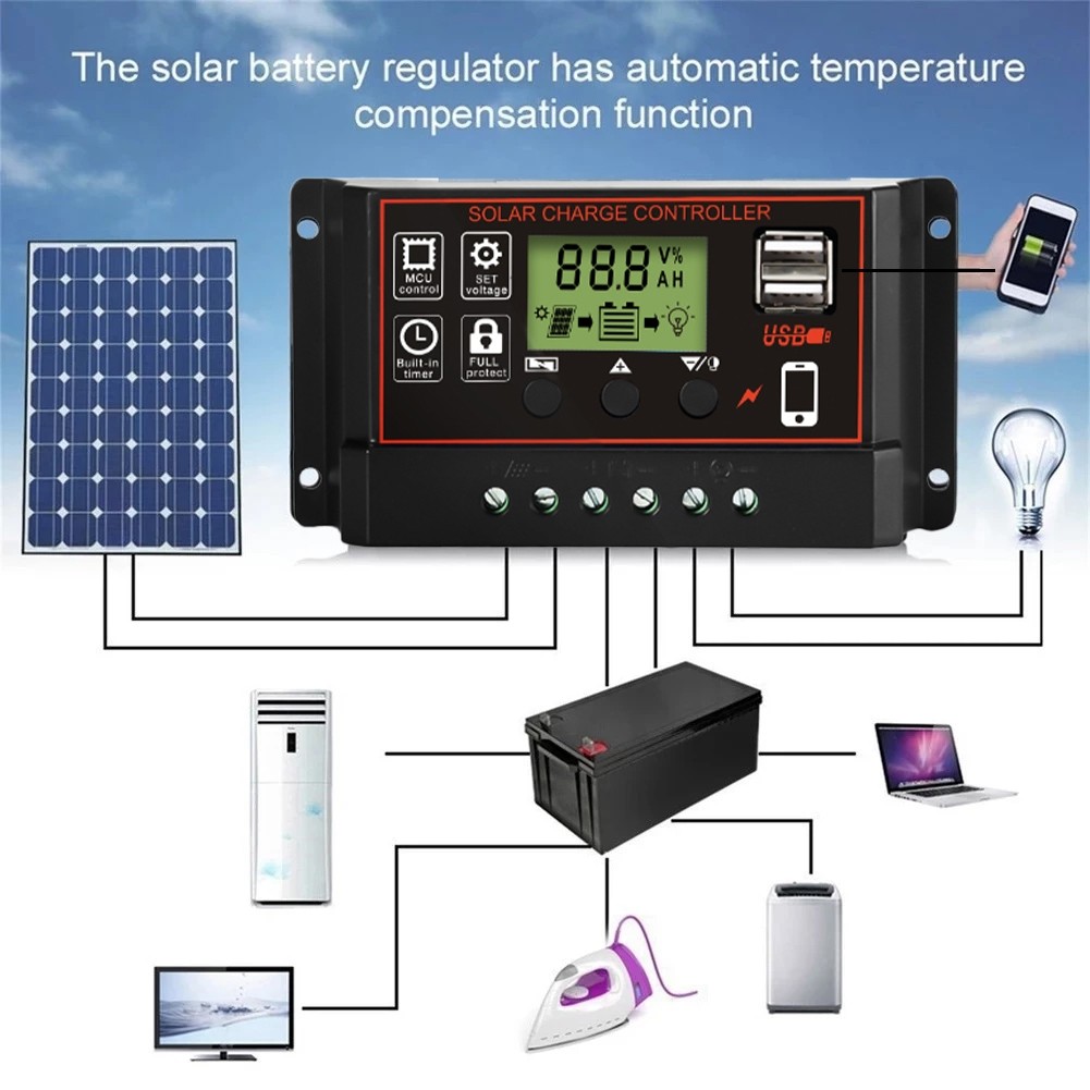 Solar Charge Controller 10A/20A/30A PWM 24V/12V LCD Display Solar ...