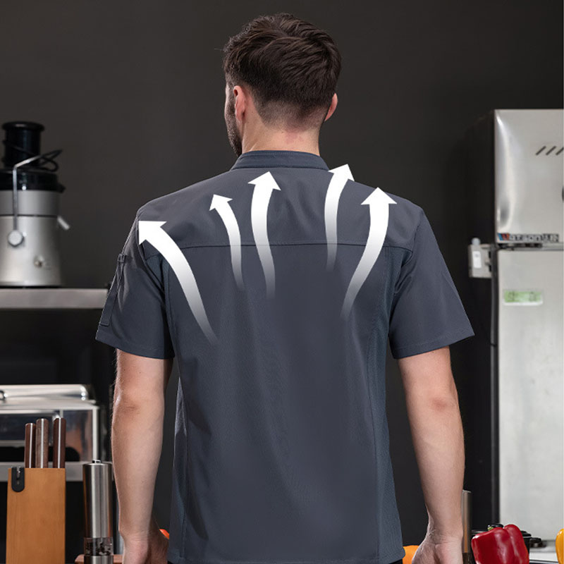 Chaqueta De Chef Unisex Manga Corta Con Estampado Elástico (Gris) – Camisa Para Cocineros Y Camareros: Algodón Transpirable, Talla XL