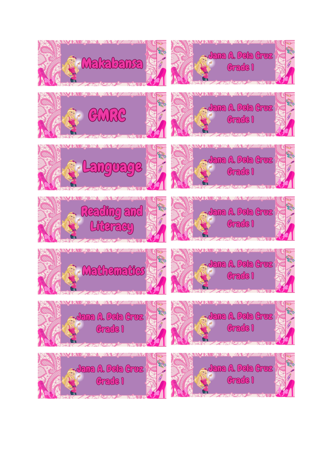 Barbie Notebook Label Sticker Matatag Curriculum For Grade 1 to 10 16 ...