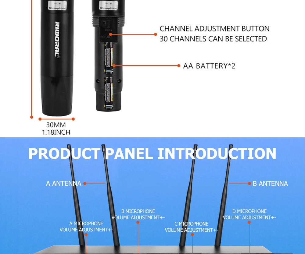 Wireless UHF 4 Channel Handheld Metal Microphone UHF Floating Frequency ...