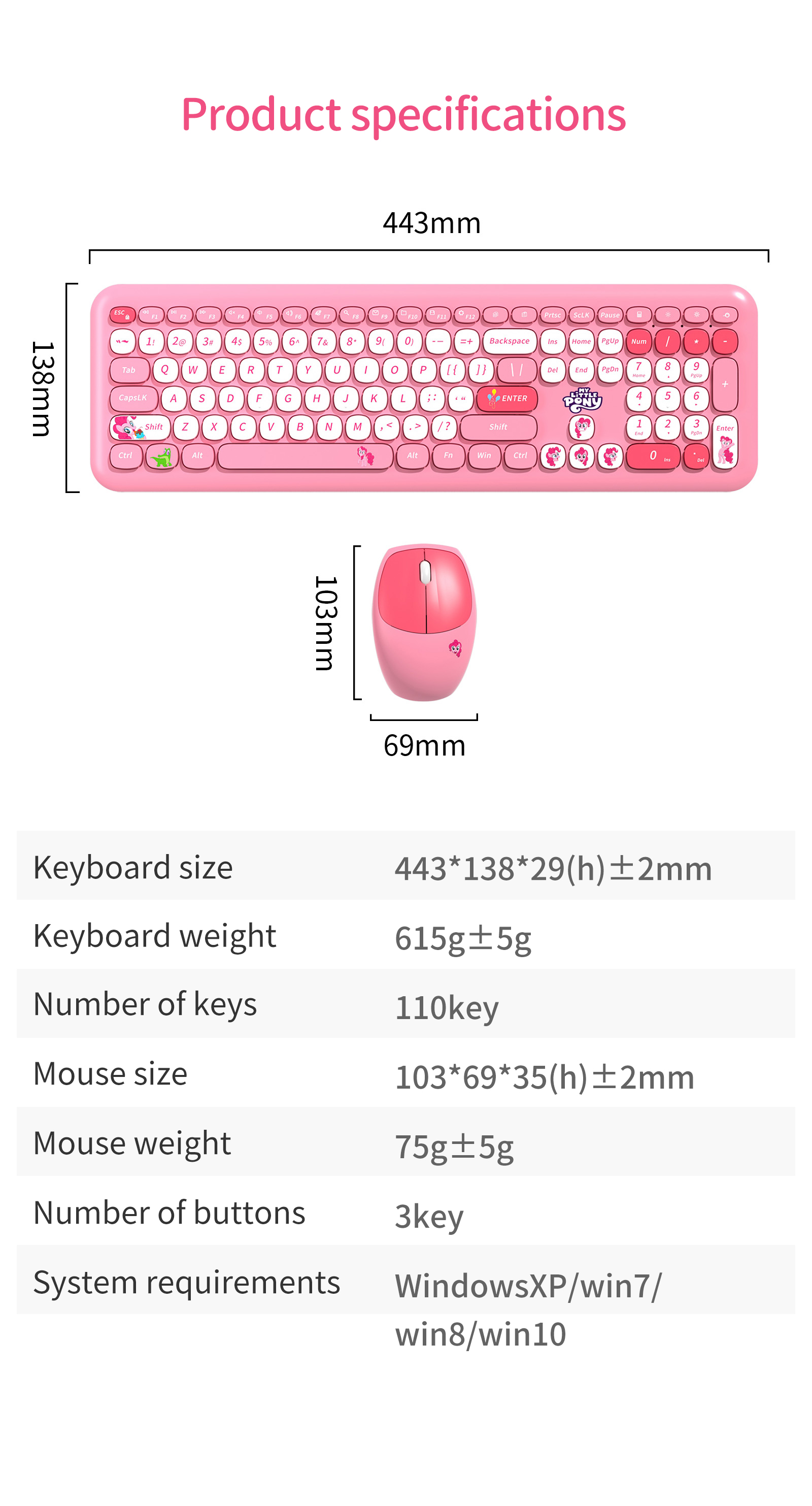 MOFii My Little Pony USB Wireless Keyboard and Mouse Set Super Pink ...