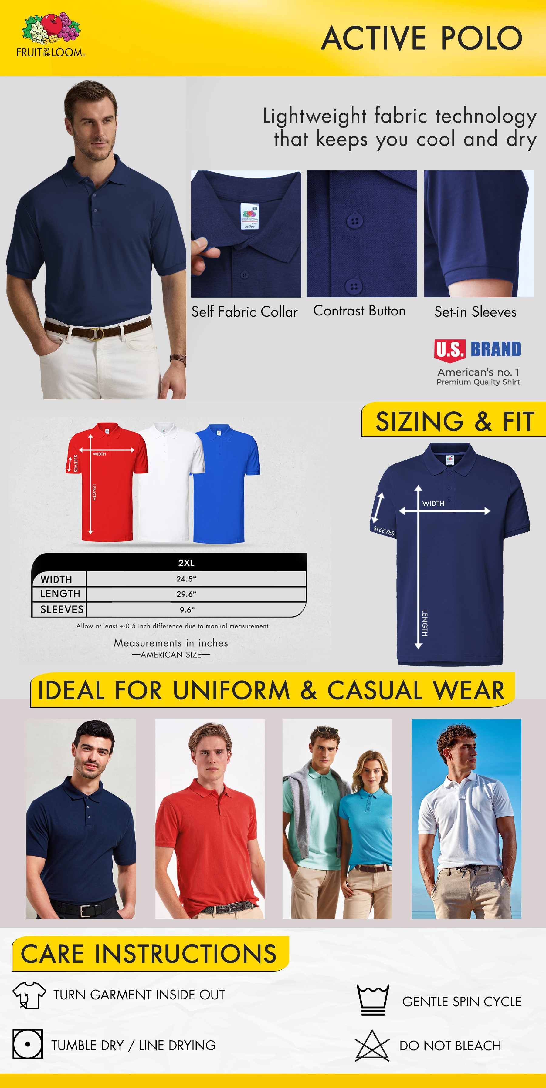 Fruit of the Loom Active Polo Shirt for Men & Women Cotton Plain Men's ...