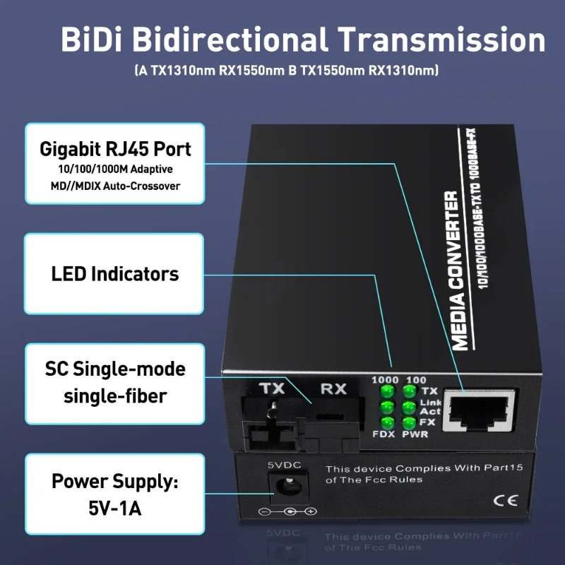 1000Mbps Fiber Optic Transceiver Media Coverter Ethernet SC Singlemode ...