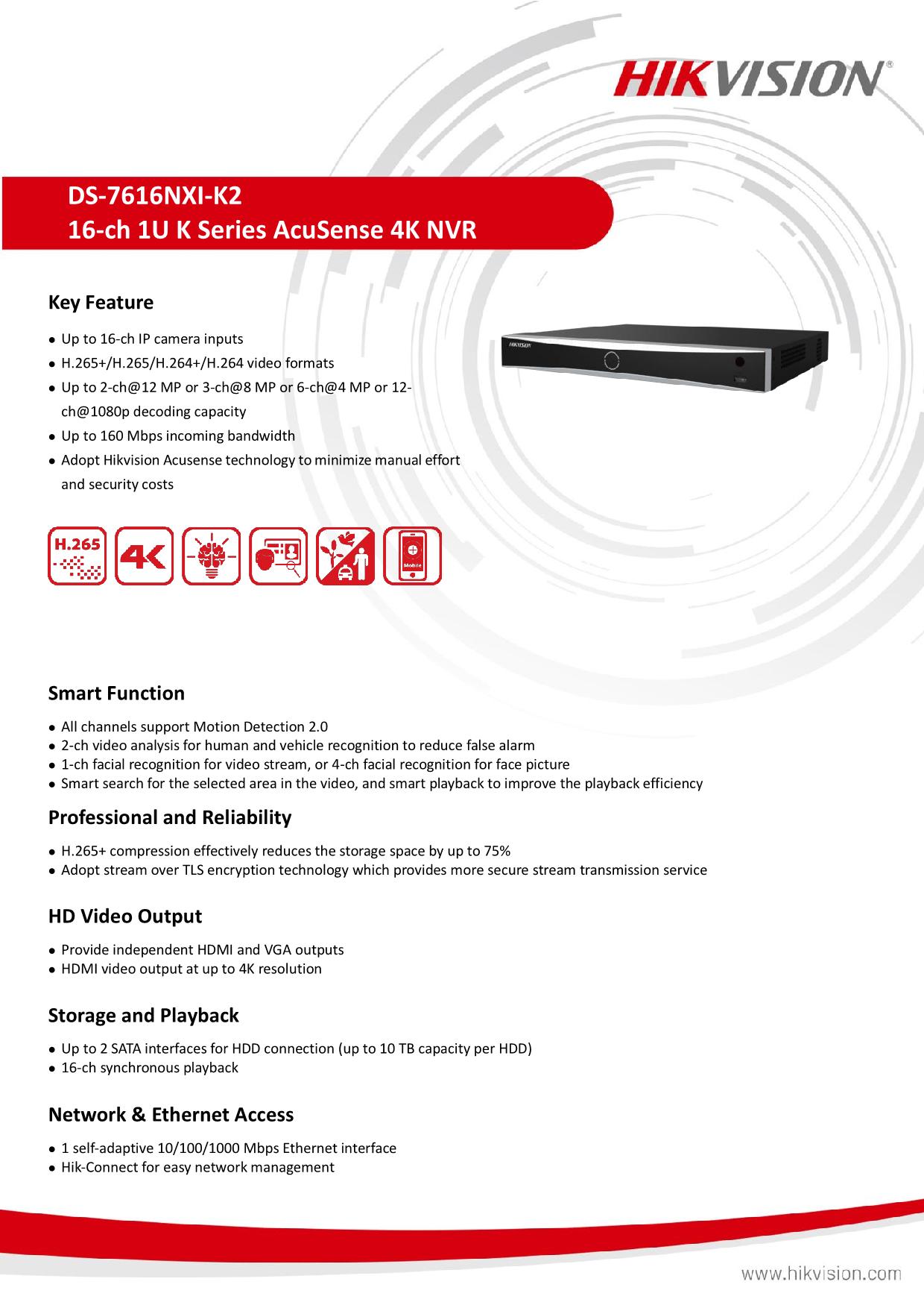 HikVision DS-7616NXI-K2 16CH NVR H.265 2SATA Interface Network Video ...
