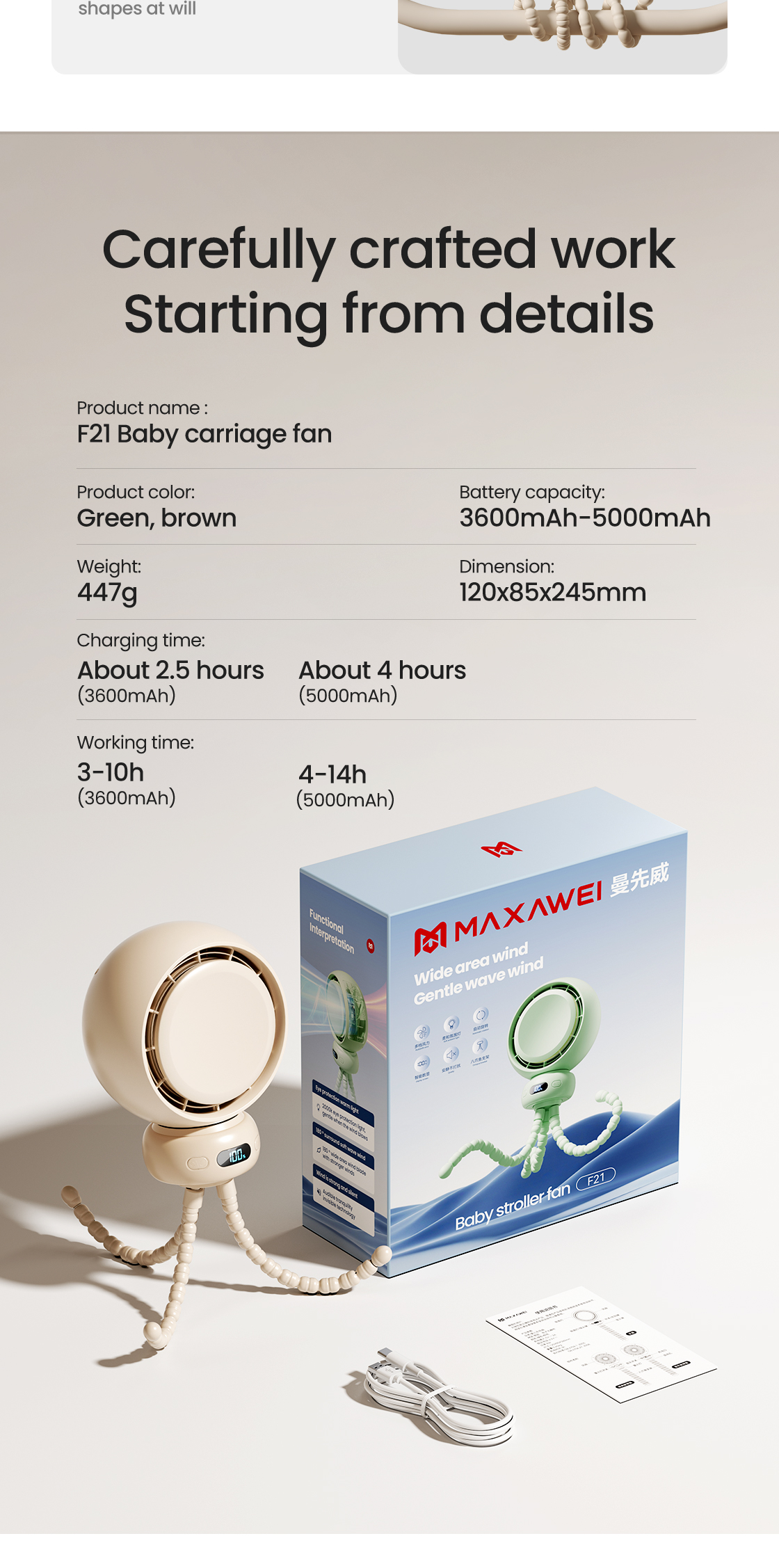 MAXAWEI Stroller Fan 5 Gear strong wind 4000mah Rechargeable Electric ...