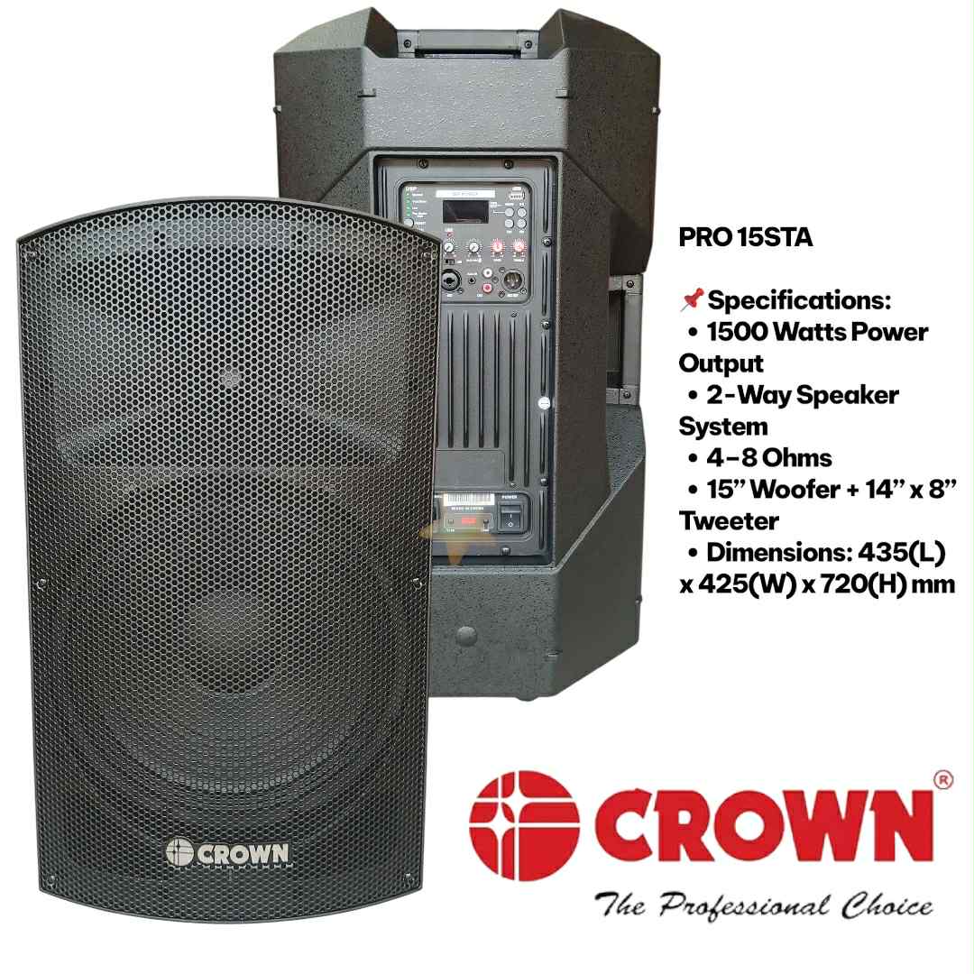 CROWN PRO-15STA 15” Professional Active Speaker 1500W Bluetooth USB AUX ...