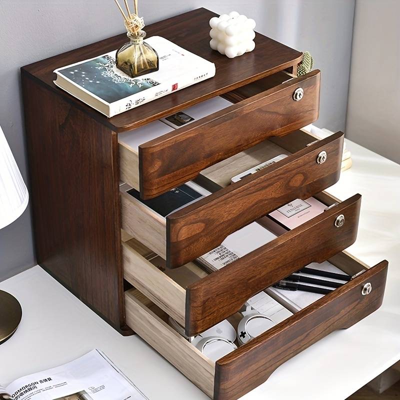 Solid wood desktop storage Cabinet Hardwood Drawer Box with Lock Multi ...