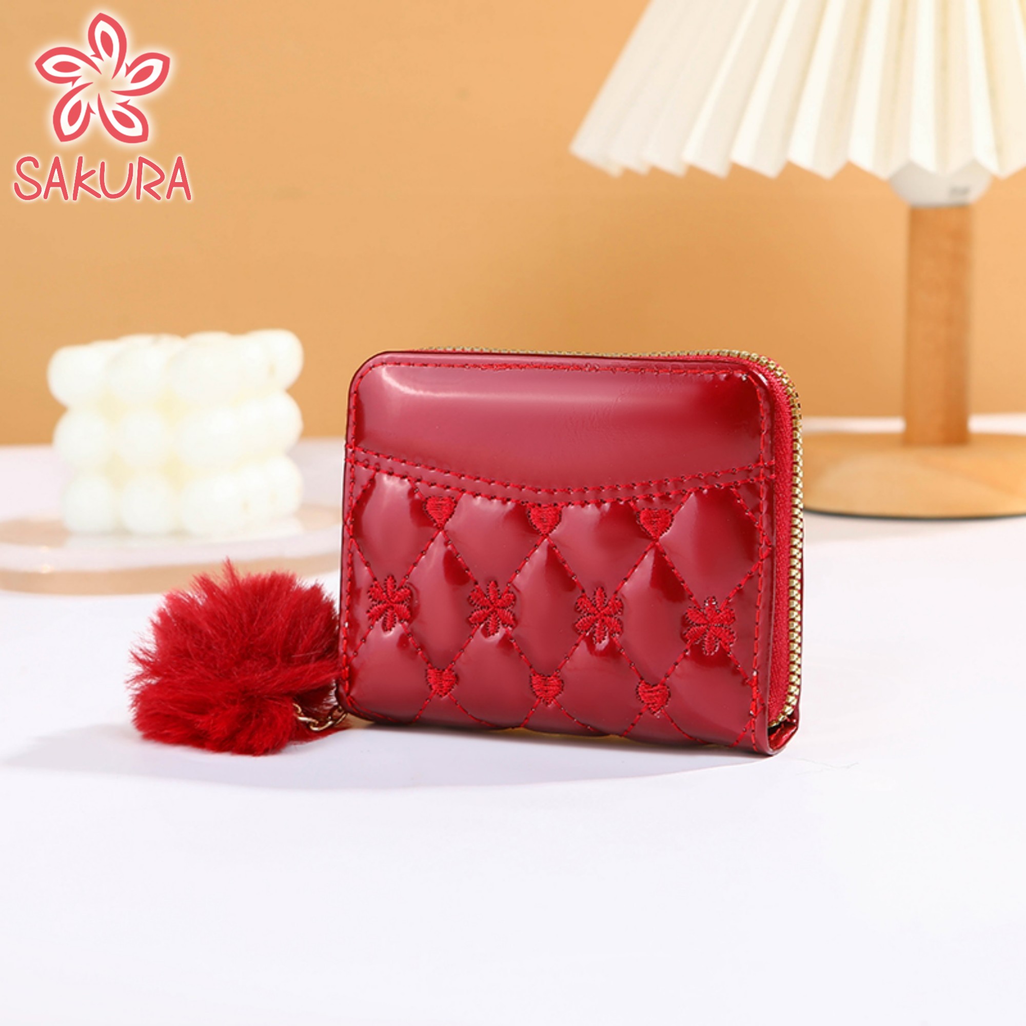 Sakura Wallet For Woman High-End Patent Leather Fabric Hairball Pendant ...