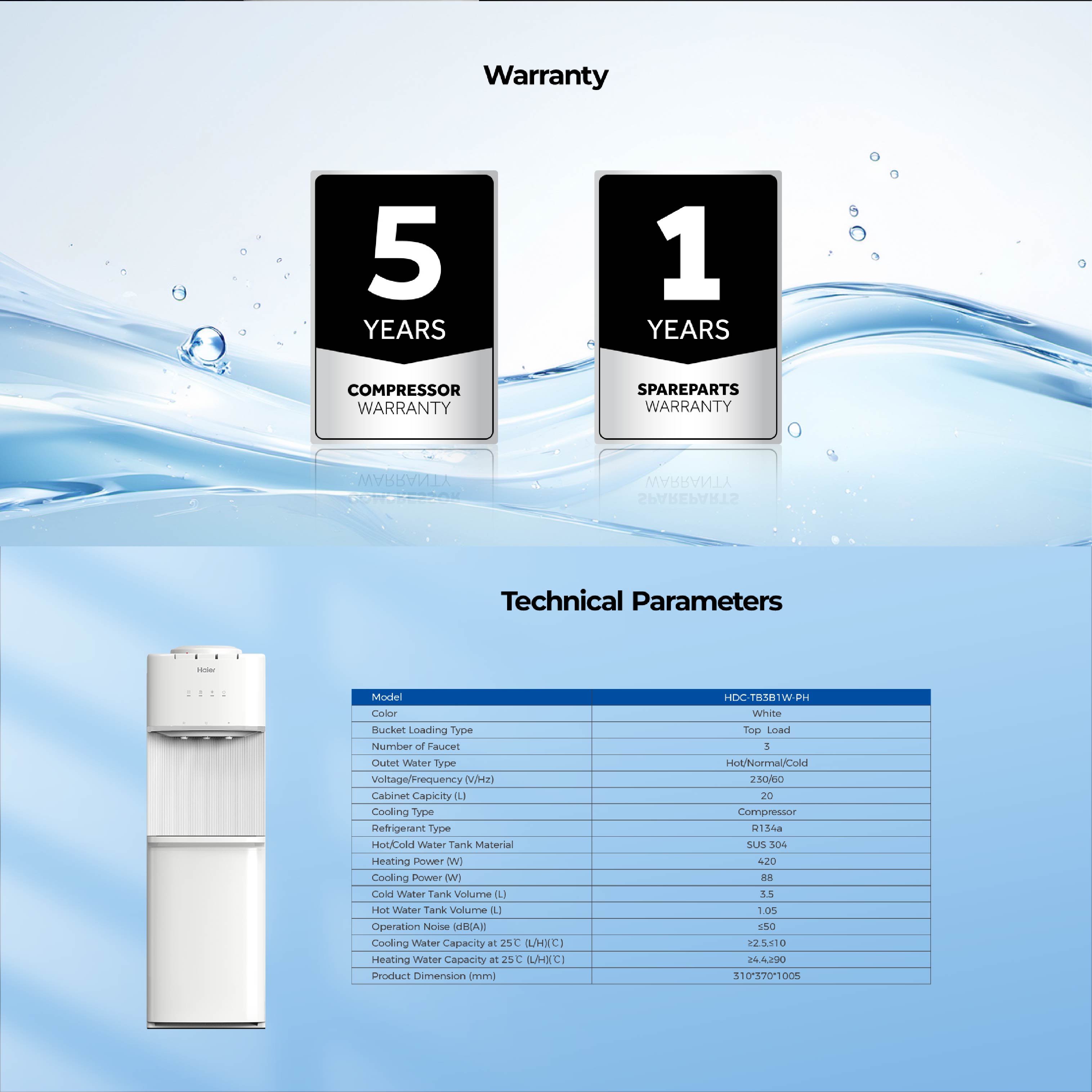 Haier HDC-TB3B1W-PH Chill Quick Dispense Comfort Top Load Freestanding ...